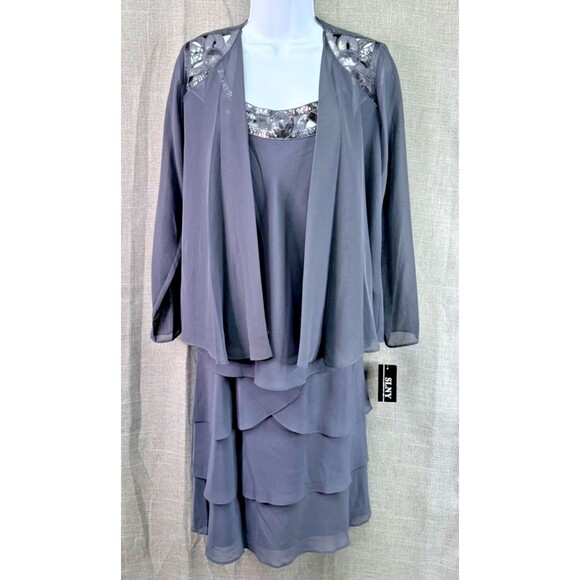SLNY Sequined Tiered Chiffon Jacket Dress Formal Women's Size 6 Petite Gray NWT - Picture 1 of 12